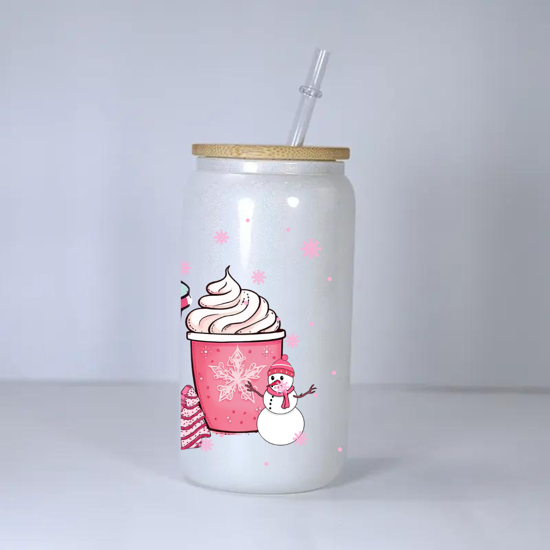16oz White Shimmer Xmas Glass Can